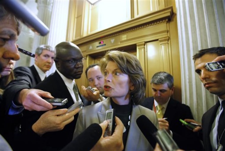 Sen. Lisa Murkowski, R-Alaska., speaks to reporters following the defeat of a cloture motion of the Defense Authorization Bill containing repeal of the 'Don't Ask, Don't Tell' provision on Capitol Hill in Washington, Thursday, Dec. 9, 2010.(AP Photo/Harry Hamburg)